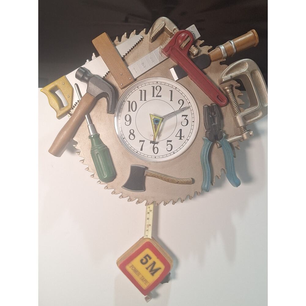 Vintage Tool Time Saw Blade Wall Clock Pendulum Garage Man Cave Decor